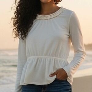 DKNY Top Shirt Women XL Cream Braided Neckline Peplum Long Sleeve Cotton Modal